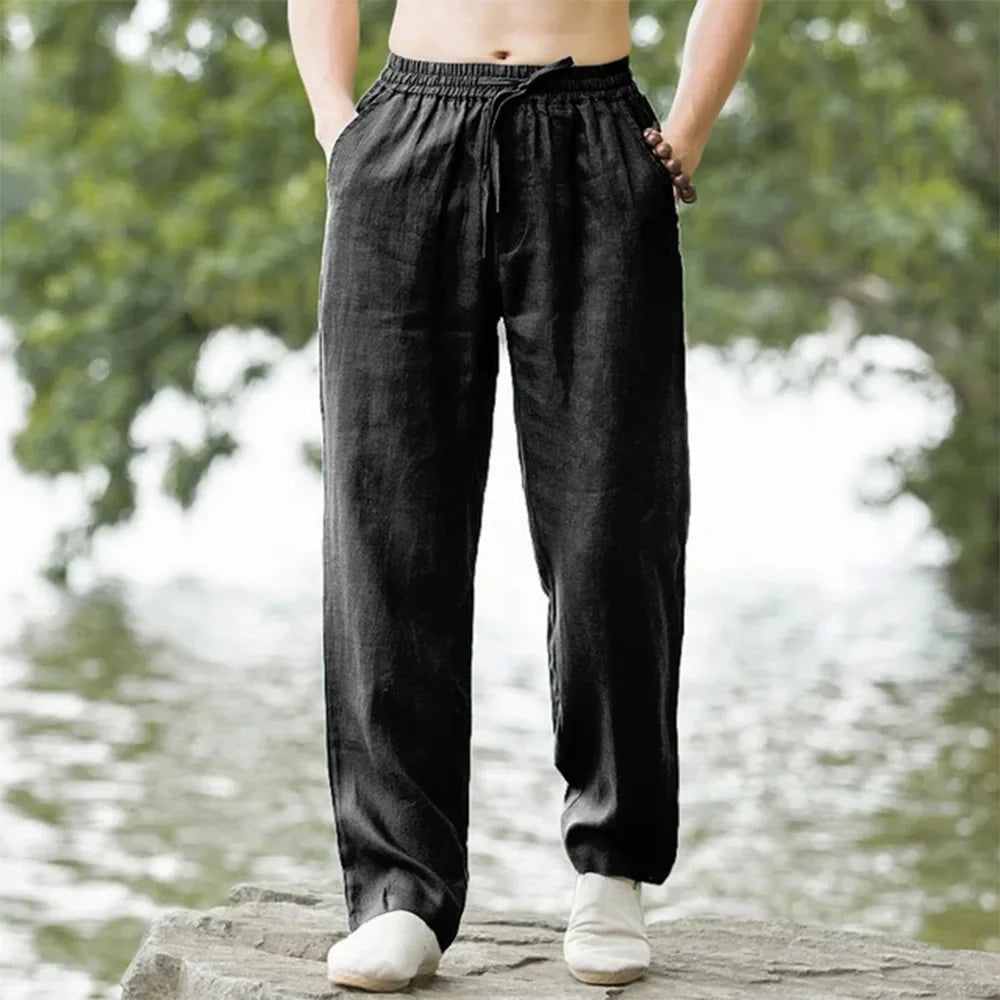 Men's Relaxed Fit Linen Trousers - Classic Colours - side view | SAINT DOR