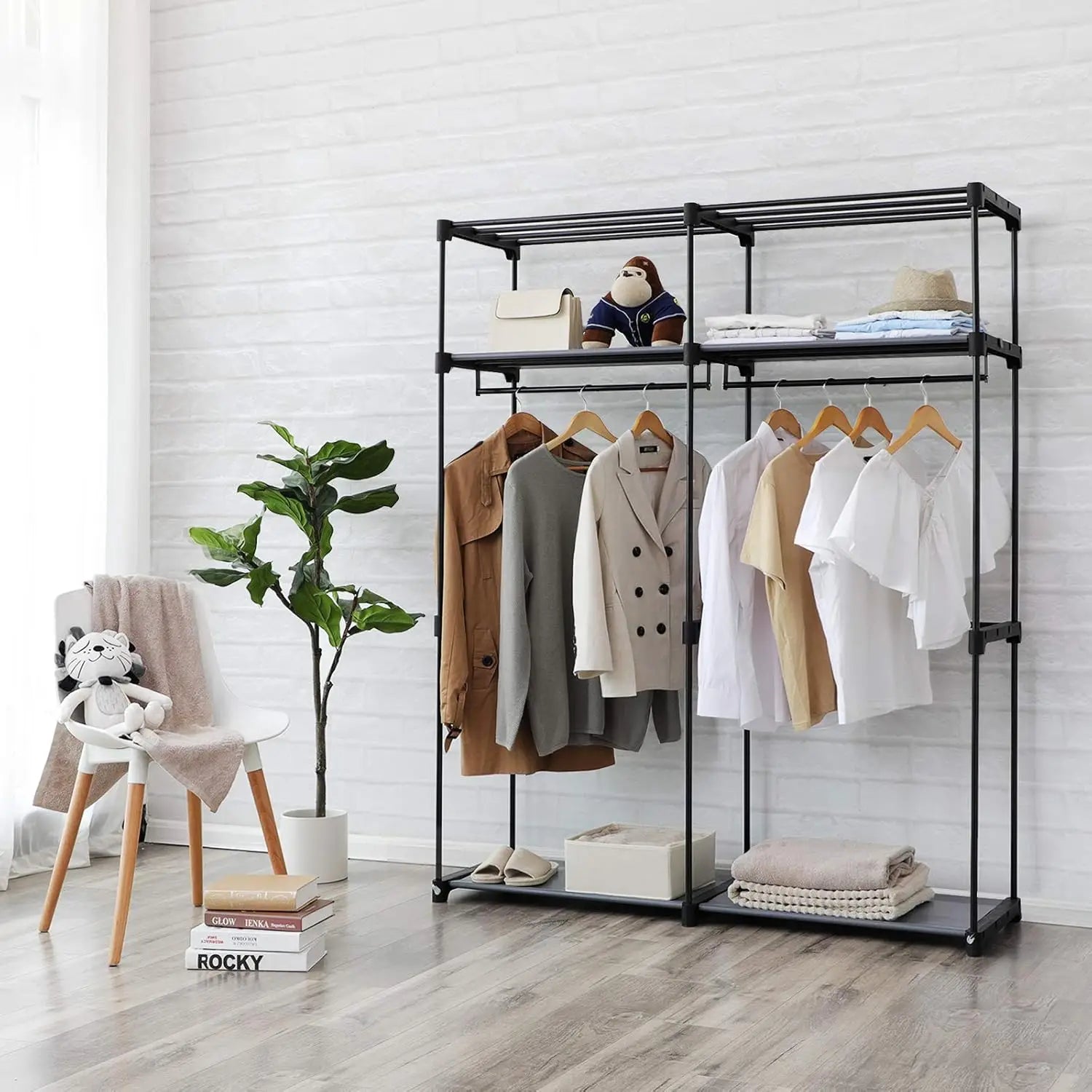 Grey Fabric Wardrobe – 2 Rails Shelves Zip Cover 140x174 – detail view