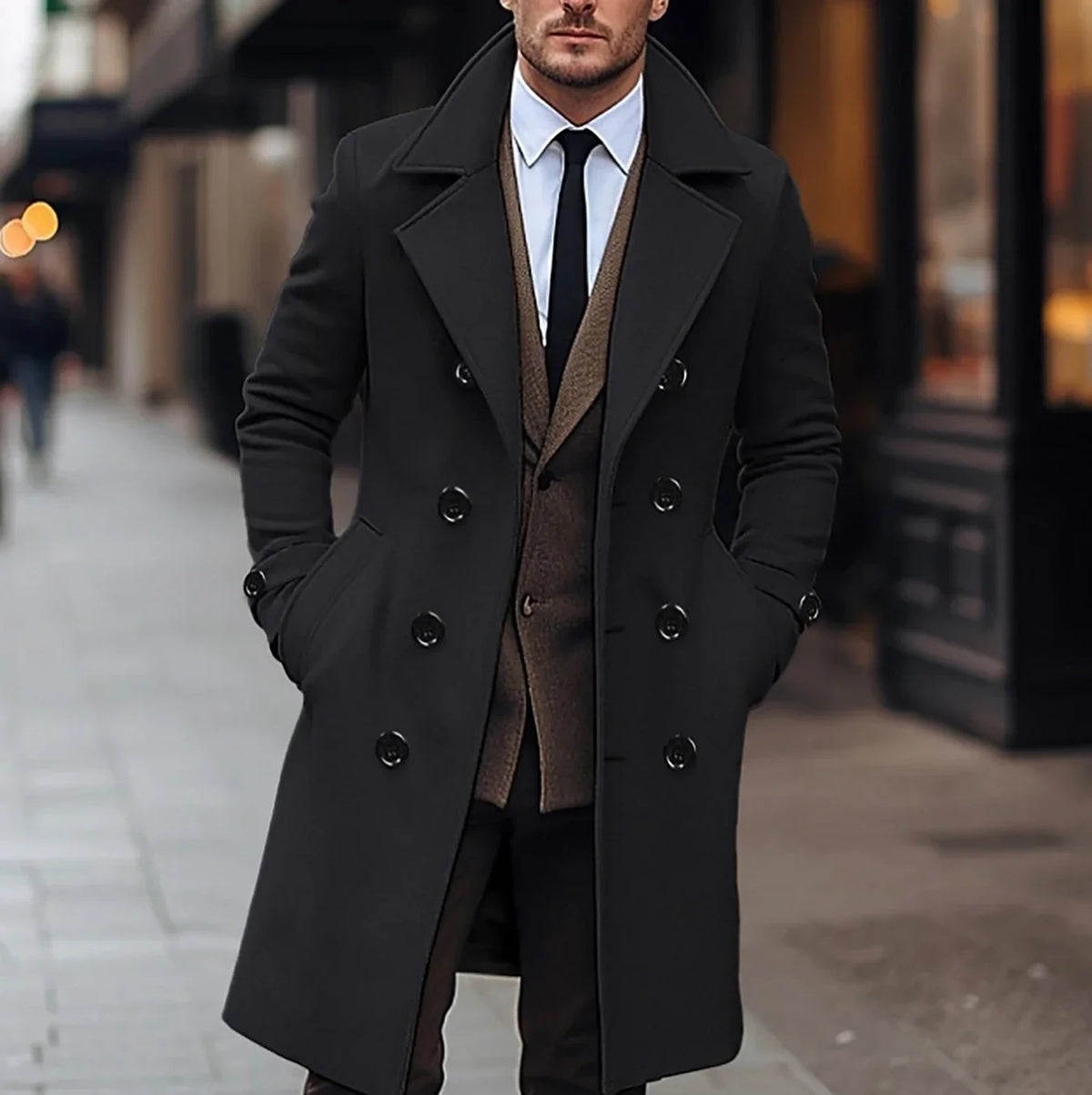 Men's Long Wool Business Coat - Stylish Wool Coat for Elegant Anlaesse - product view