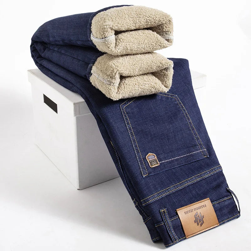 Men's Winter Fleece-Lined Denim Jeans - side view | SAINT DOR