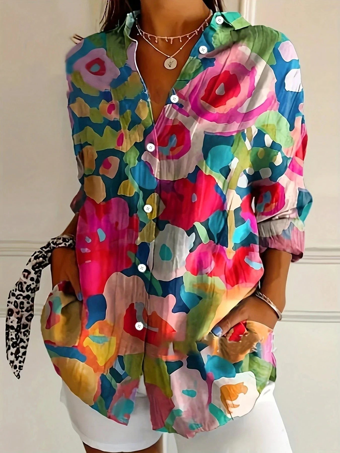 Women's Top - Colorful Blouse with Playful Print in White