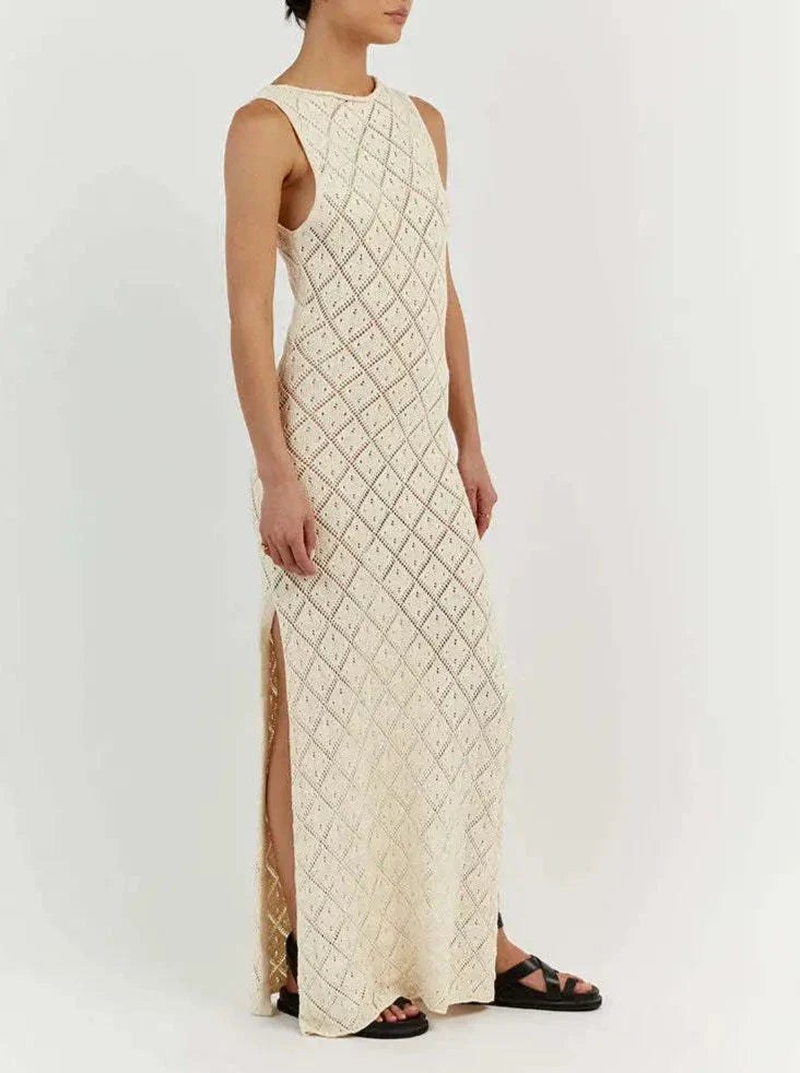 Women's Crochet Maxi Dress – Sheer Summer Resort Slit – lifestyle shot