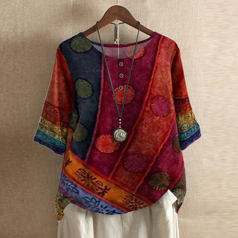 Women's Top - Retro-Inspired Blouse in Blue/Green