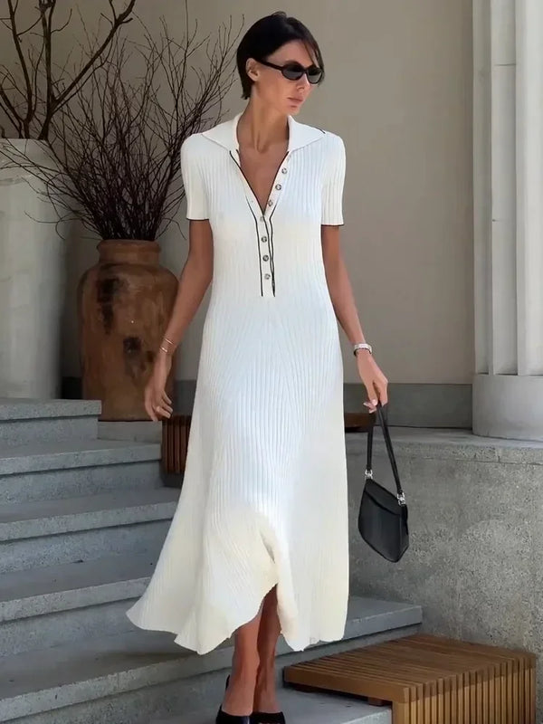 Women's Figure-Hugging Knit Dress – Retro Button Placket – front view