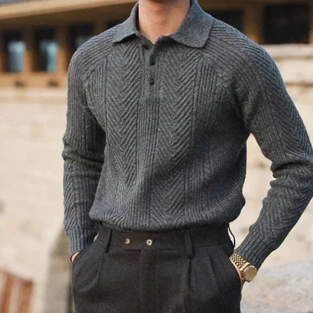Knitted polo jumper, ribbed cuff and sleeve texture