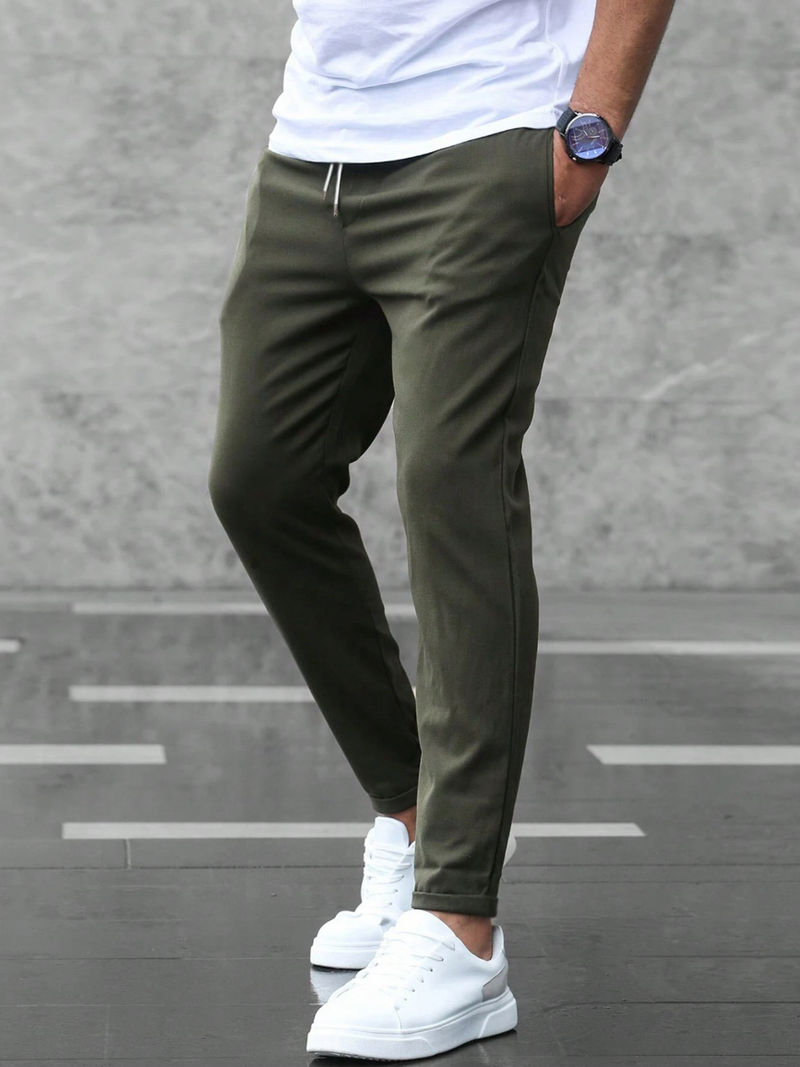 Men's Stretch Chino Trousers - Slim Olive Navy - side view | SAINT DOR