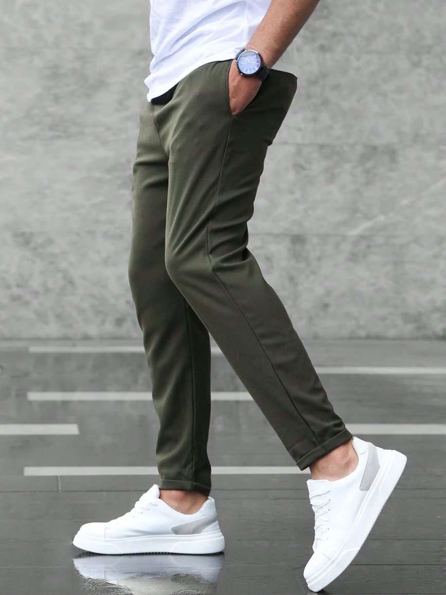 Men's Stretch Chino Trousers - Slim Olive Navy - front view | SAINT DOR