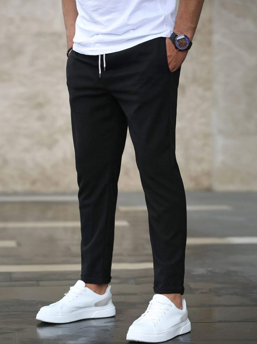 Men's Stretch Chino Trousers - Slim Olive Navy - lifestyle view | SAINT DOR