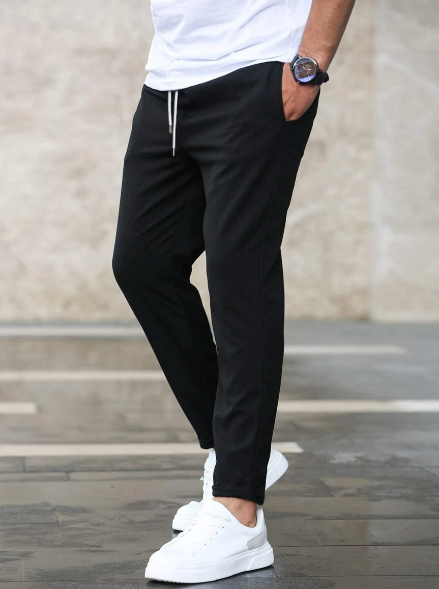 Men's Stretch Chino Trousers - Slim Olive Navy - product view | SAINT DOR