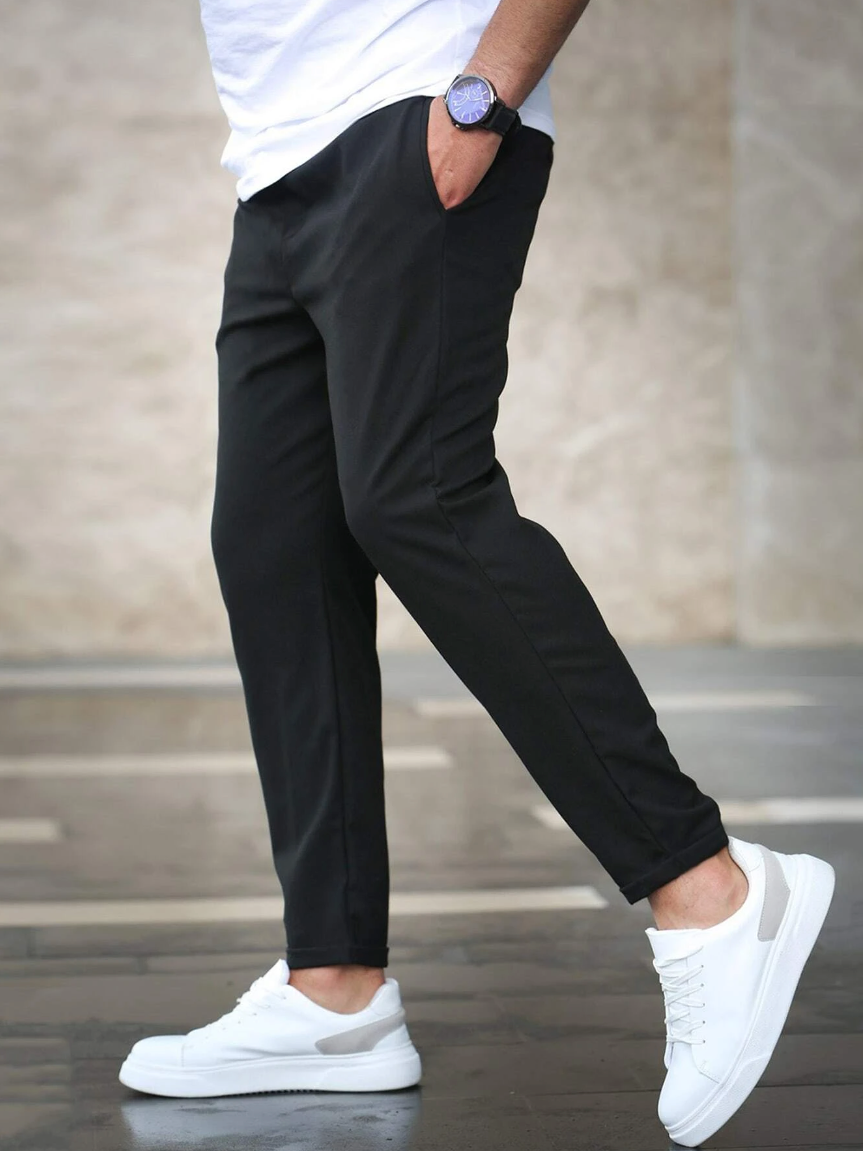 Men's Stretch Chino Trousers - Slim Olive Navy - product view | SAINT DOR