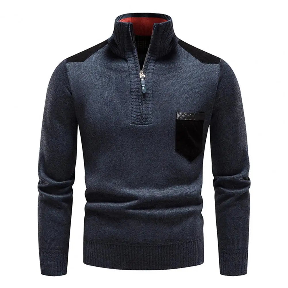 Half-zip jumper showing the ribbed stand collar and zip