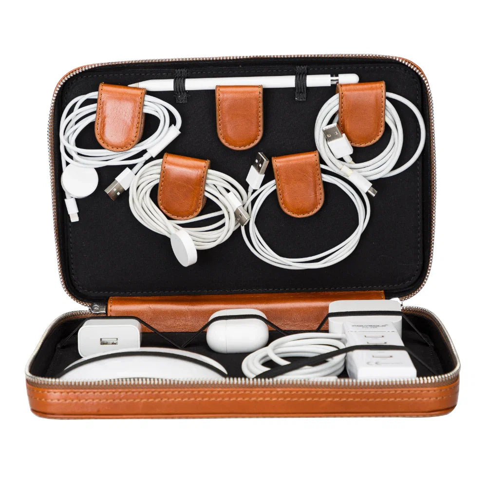 Leather Cable Organiser in Sandy Tan