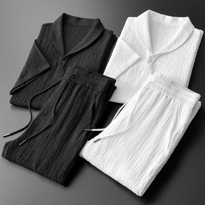Men's Two-Piece Co-Ord Set - Relaxed Shirt & Shorts in Black — detail view