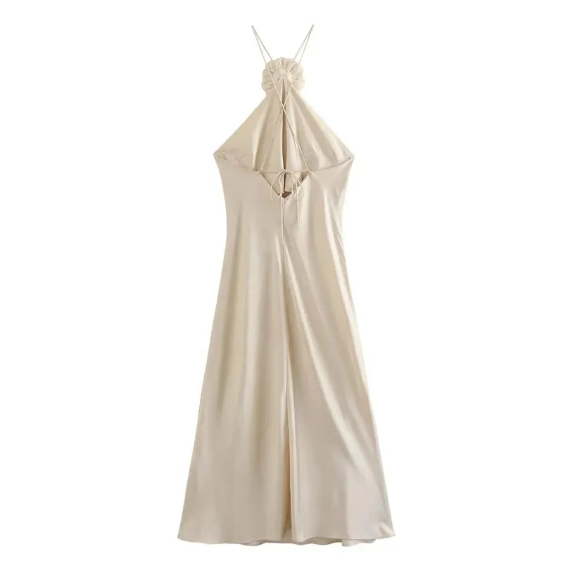 Women's Champagne Satin Dress – Rose Appliqué Occasion – front view