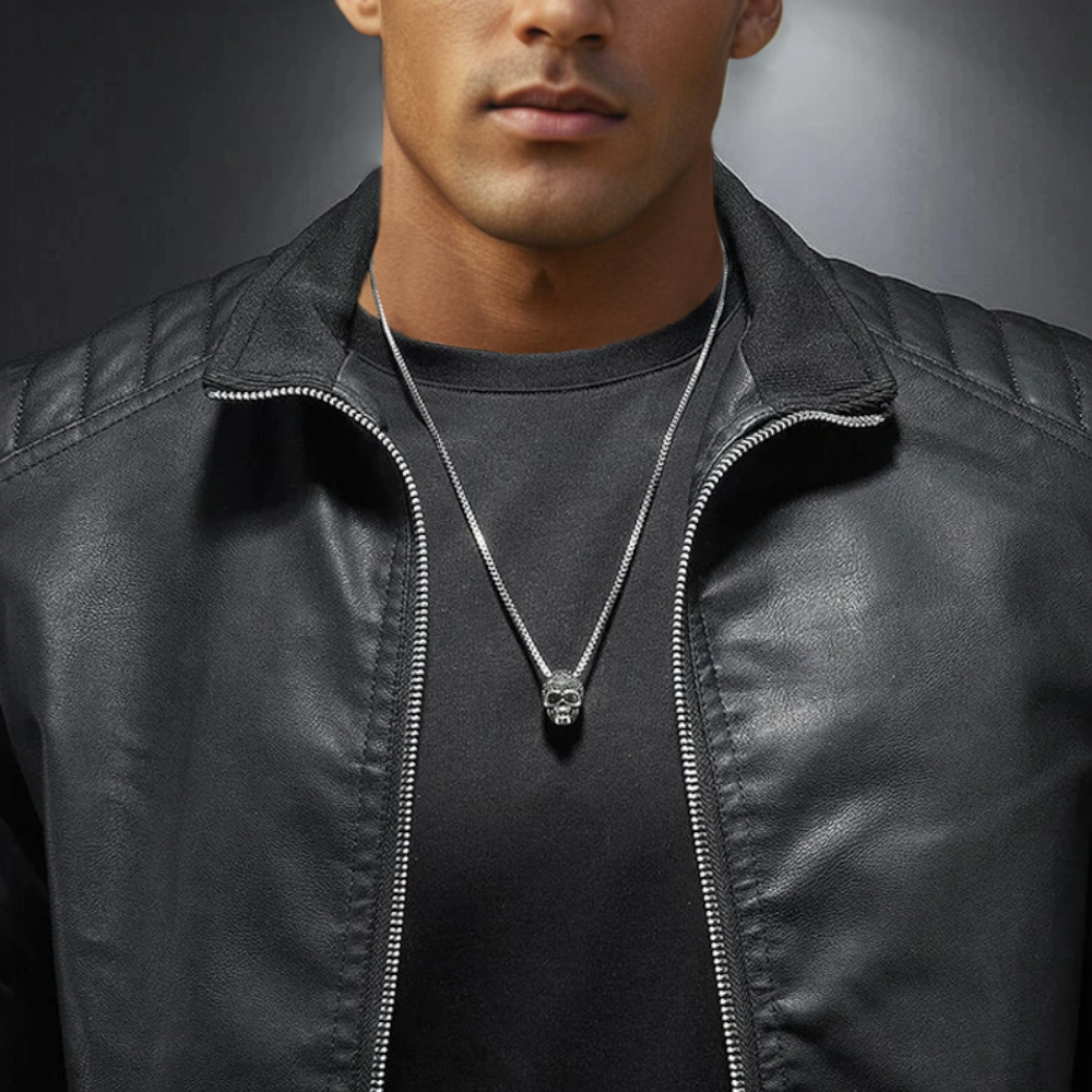 Men's Ribbed Shoulder Open Collar Leather Jacket – Saint Dor UK – detail view