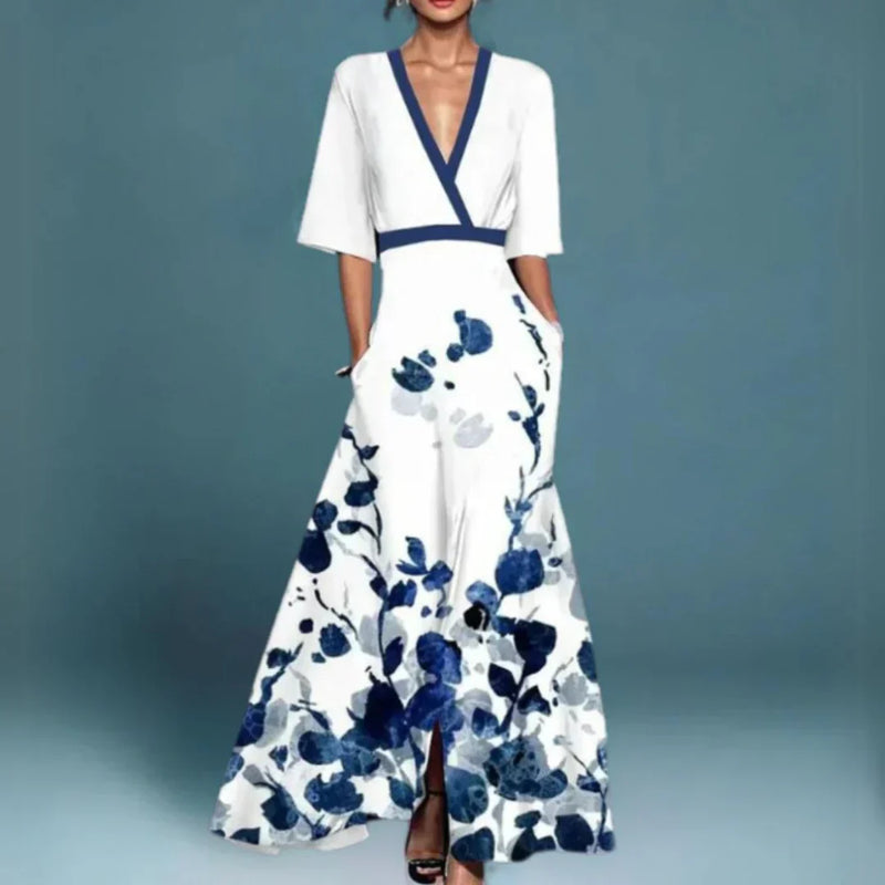 Women's Dress - Elegant Maxi Dress with Floral Pattern in Blue