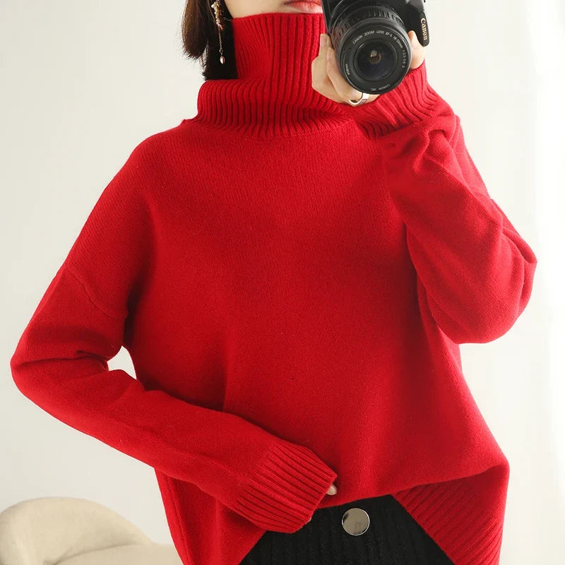 Women's fine knit roll neck jumper in Red