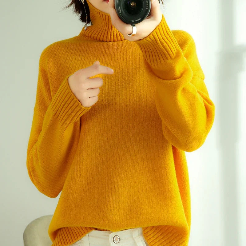 Women's fine knit roll neck jumper in Mustard