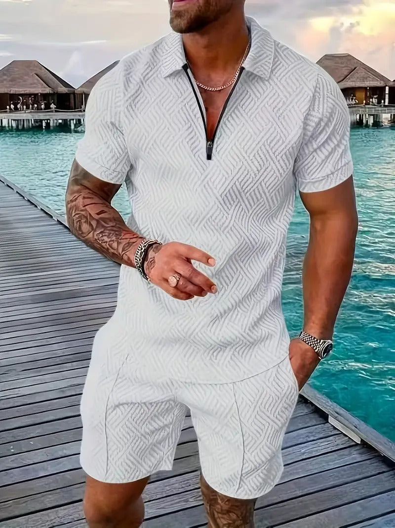 Men's Polo Co-Ord Set - Two-Tone Shirt & Shorts in Red — back view