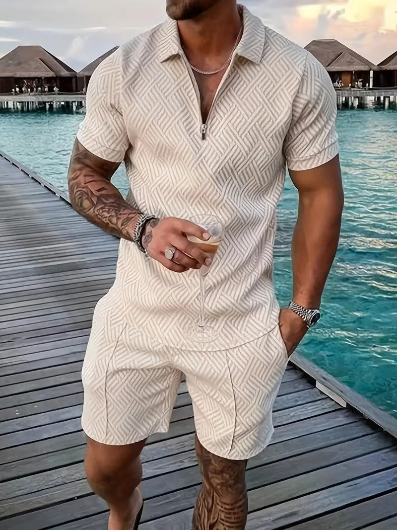 Men's Polo Co-Ord Set - Two-Tone Shirt & Shorts in White — close-up