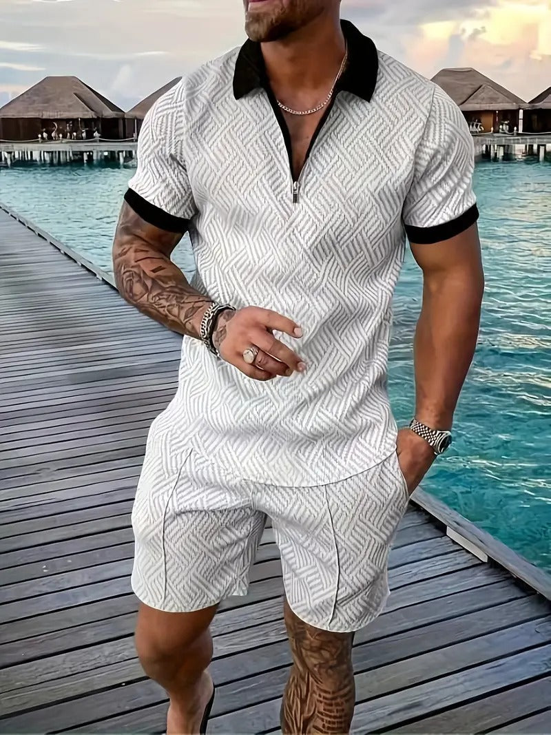 Men's Polo Co-Ord Set - Two-Tone Shirt & Shorts in Black with white collar — back view