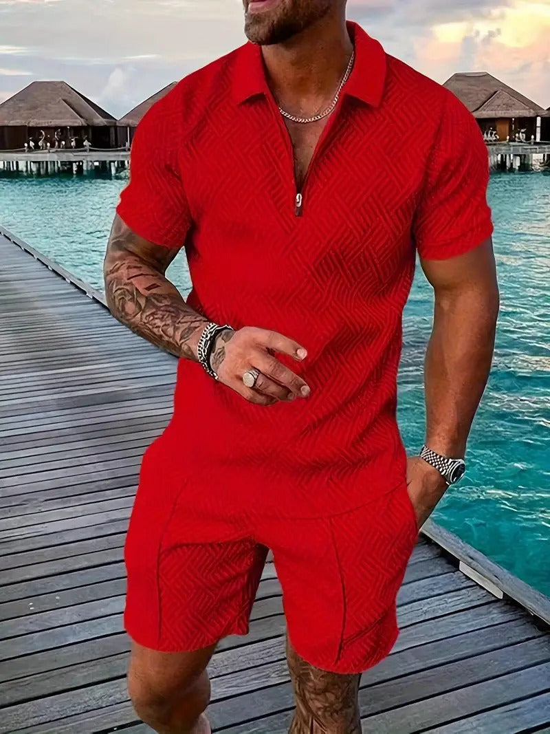 Men's Polo Co-Ord Set - Two-Tone Shirt & Shorts in Light Blue — detail view