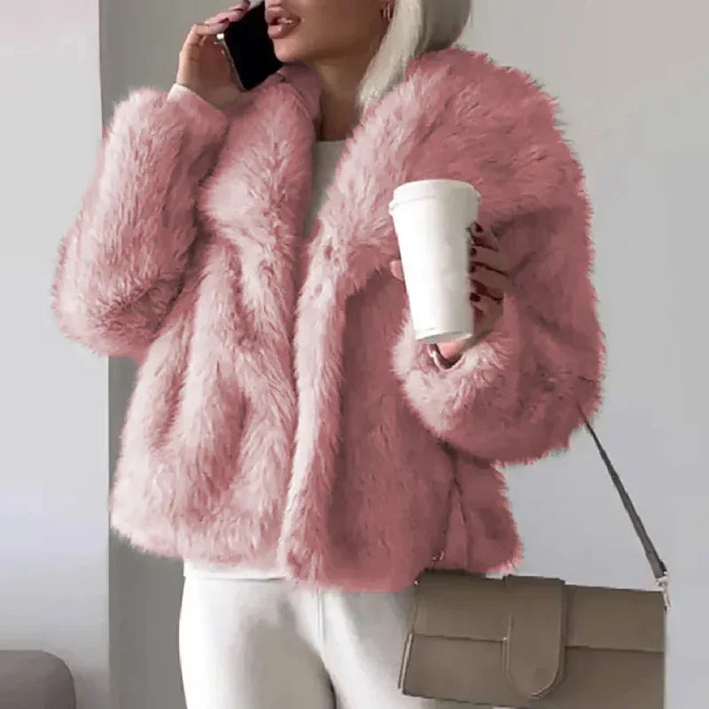 Women's faux fur coat with wide collar in Dusty Pink