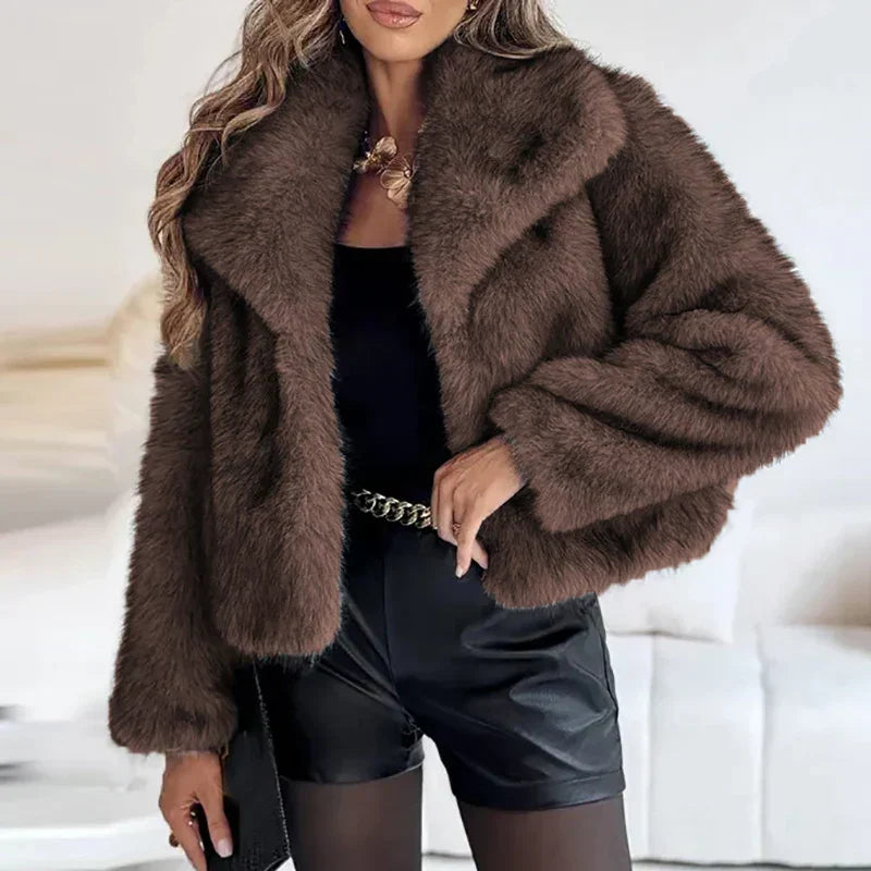 Women's faux fur coat with wide collar in Brown