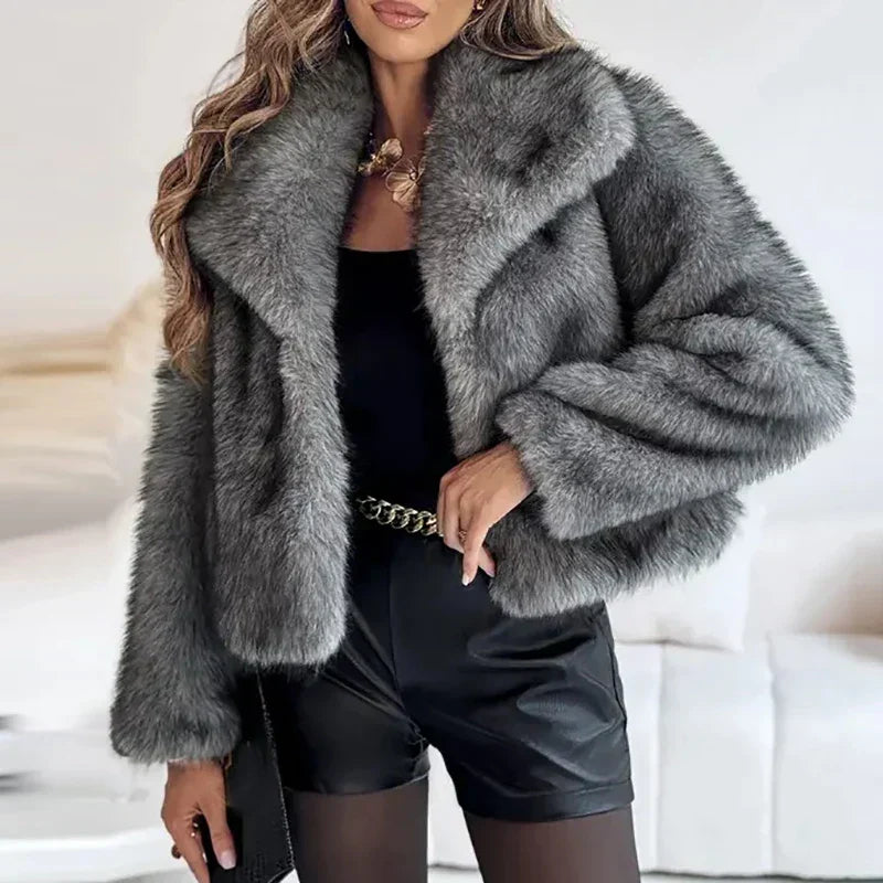 Women's faux fur coat with wide collar in Dark Grey