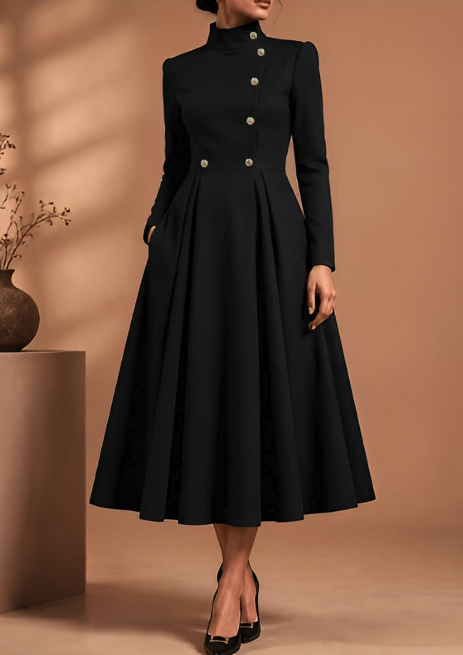 Black A-line coat with stand collar and off-centre button front
