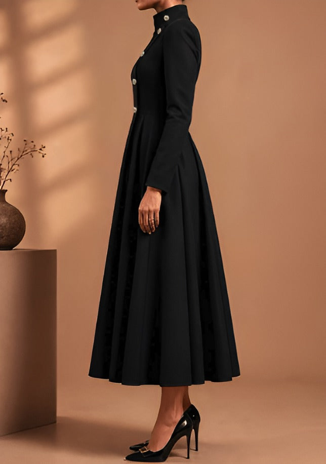 Black A-line coat with stand collar and off-centre button front – side view