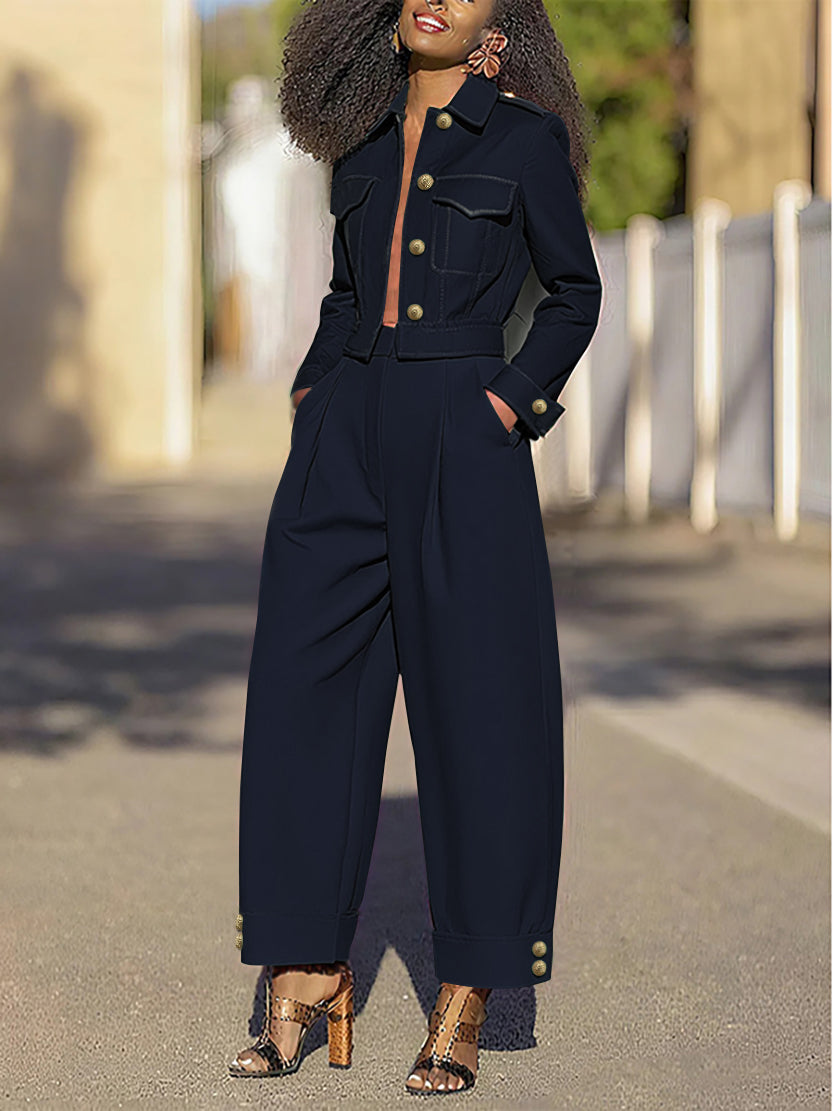 Cropped utility jacket with a lapel collar and flap pockets