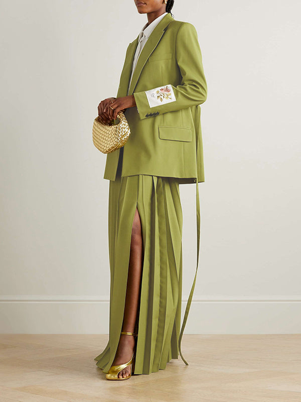Olive longline blazer with an embroidered floral panel on the sleeve