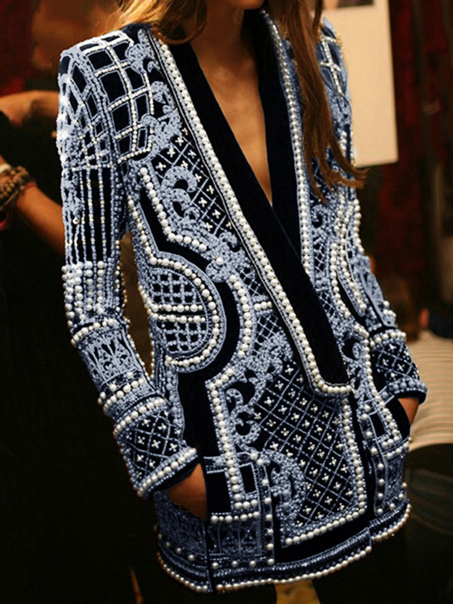 Beaded blazer with an ornamental pattern and a deep V-neck in silver