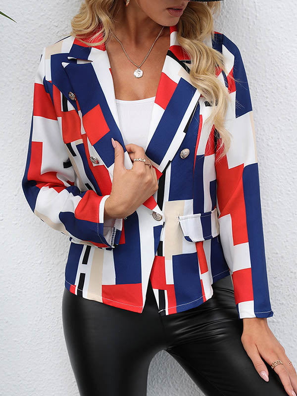 Cropped blazer printed in blocks of red, blue and white in red and blue