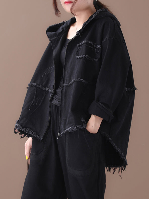 Oversized hooded jacket in washed cotton with frayed seams