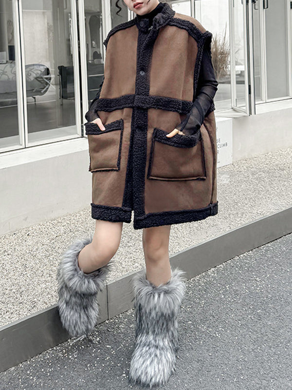 Sleeveless suede-look gilet with a dark faux shearling trim in coffee and black
