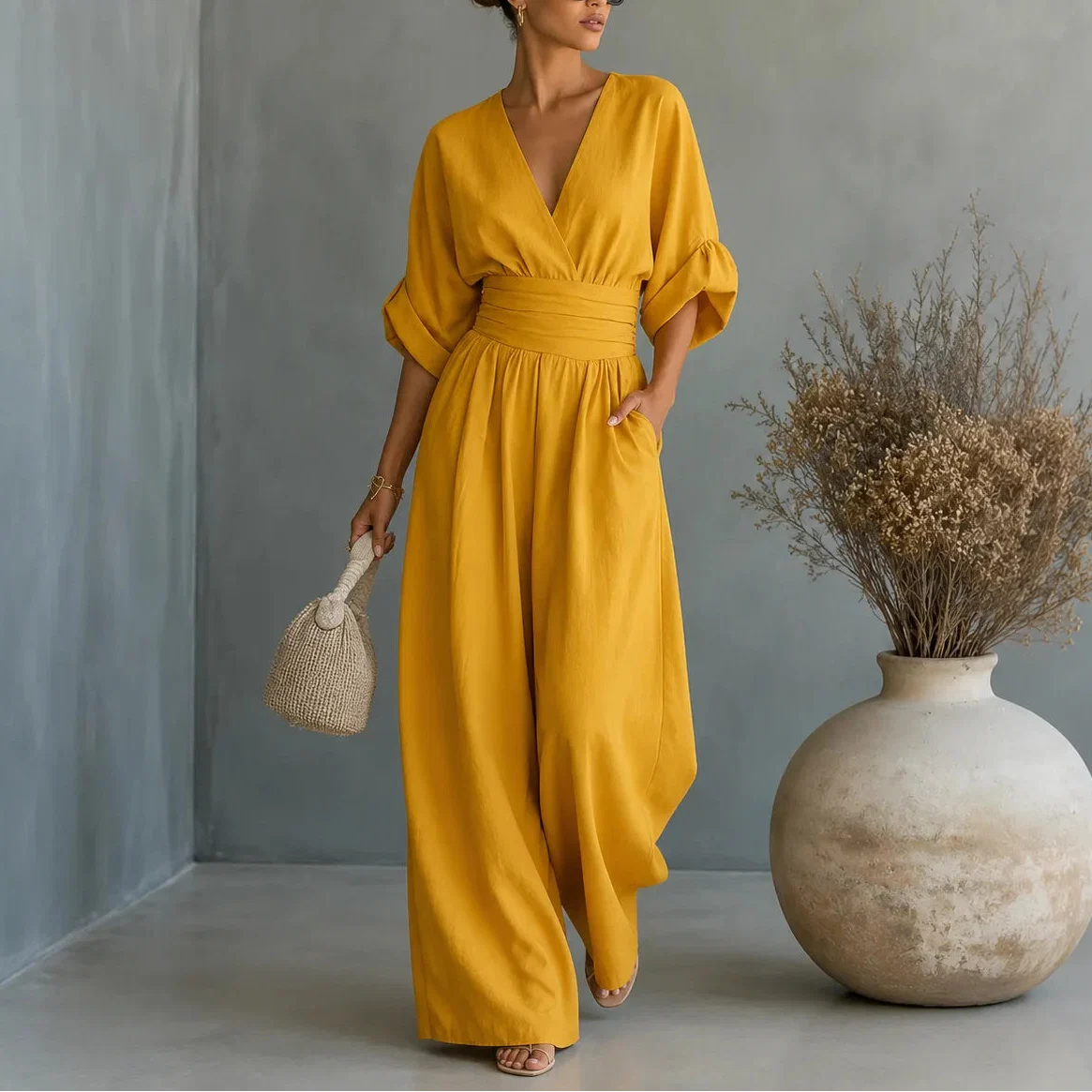 Women's wide leg V-neck jumpsuit in Mustard Yellow