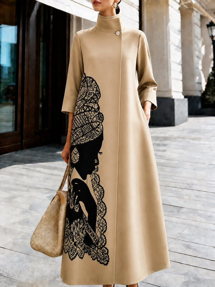 Swing coat with a large lace-style print, high neck and wide skirt in khaki