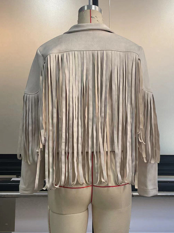 Short fringed jacket with a notch lapel and open front