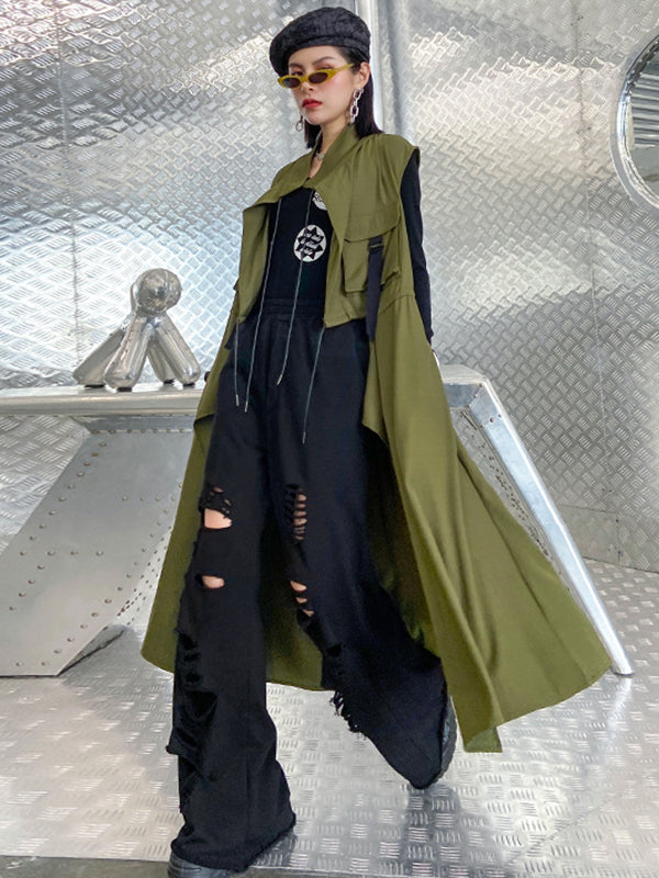 Long sleeveless gilet with a drawstring waist and an open front
