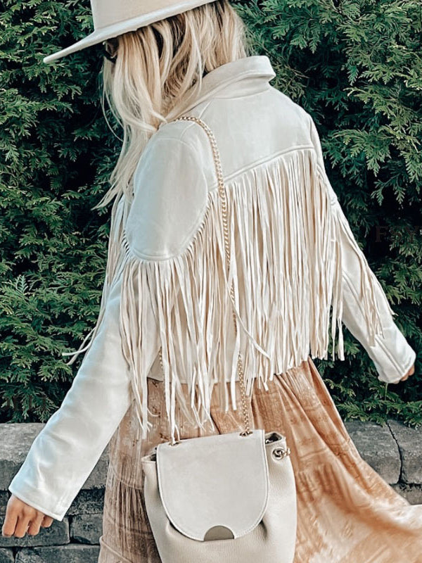 Short fringed jacket with a notch lapel and open front