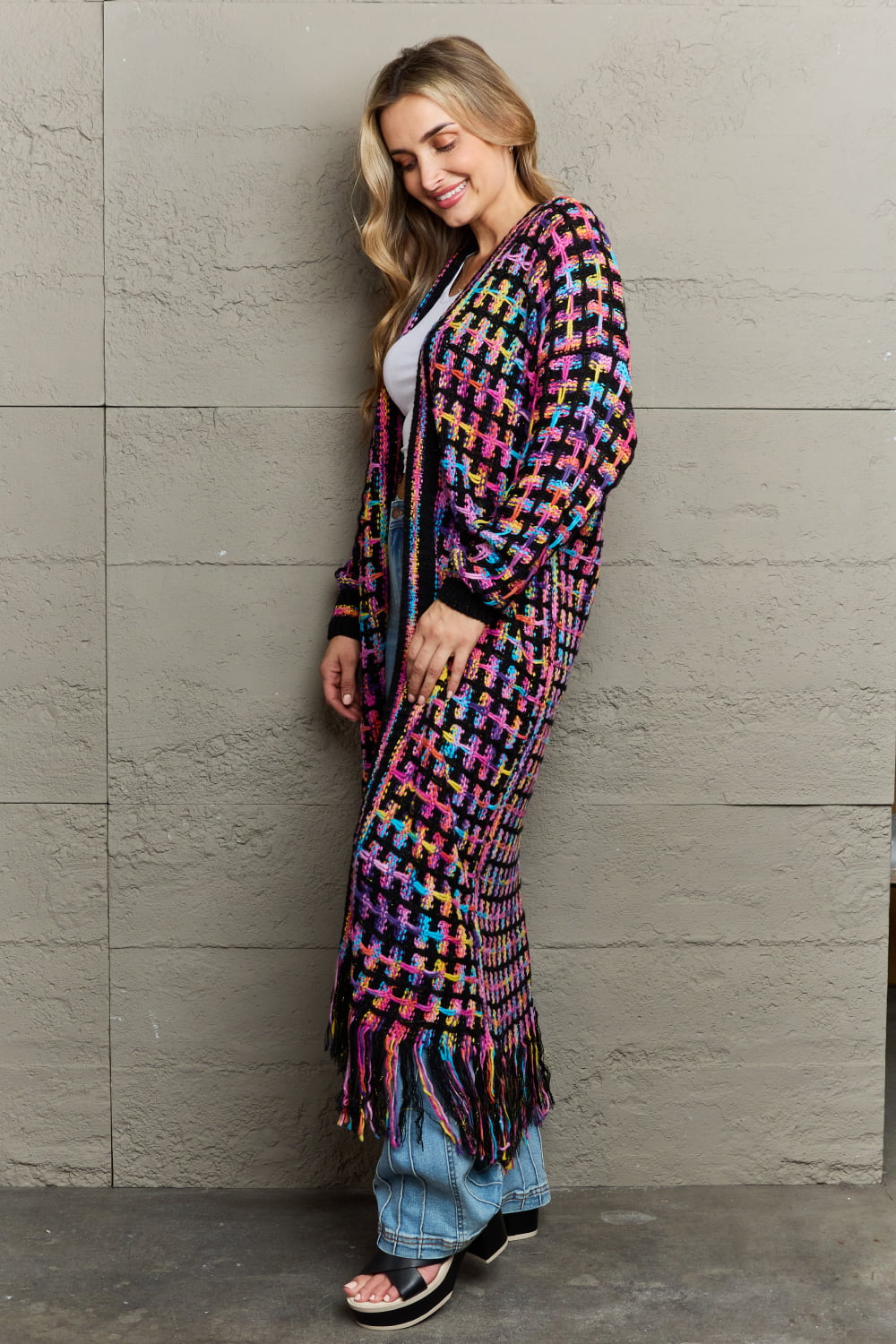 Women's longline fringe cardigan - detail