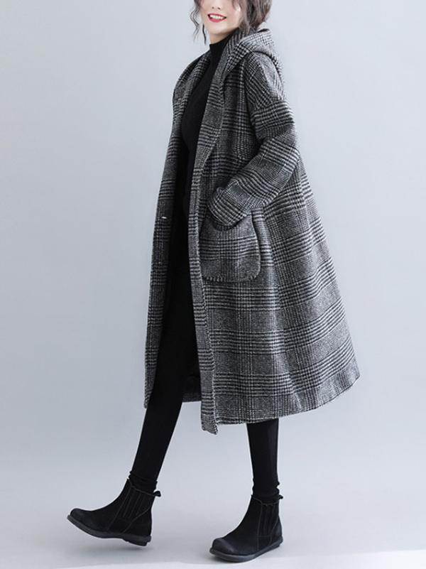 Hooded longline coat in a fine check with two patch pockets