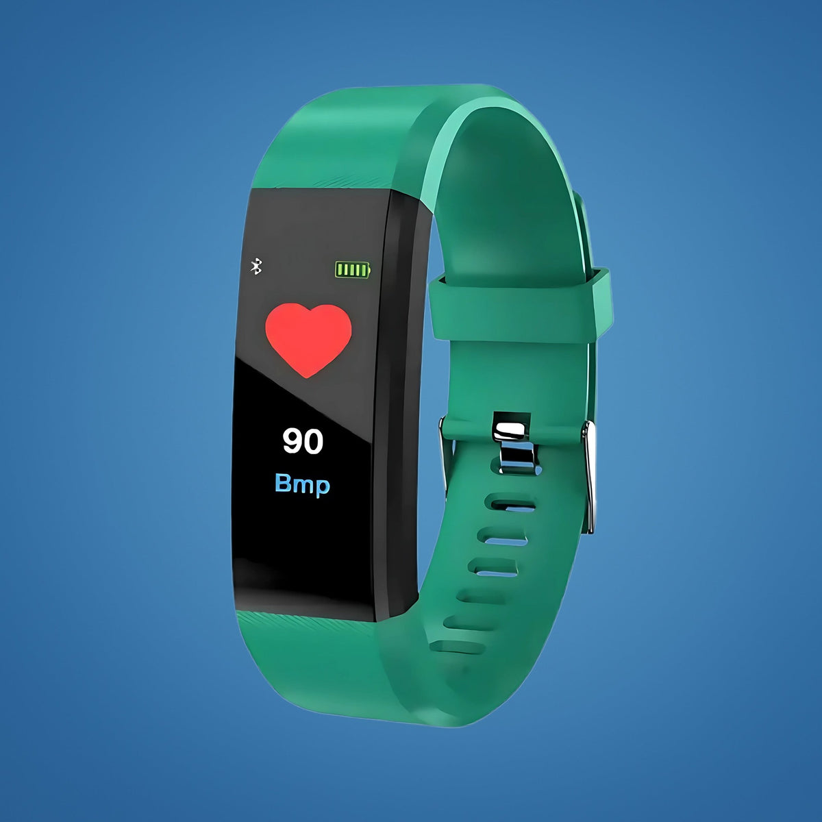 Activity tracker with heart rate reading and green strap