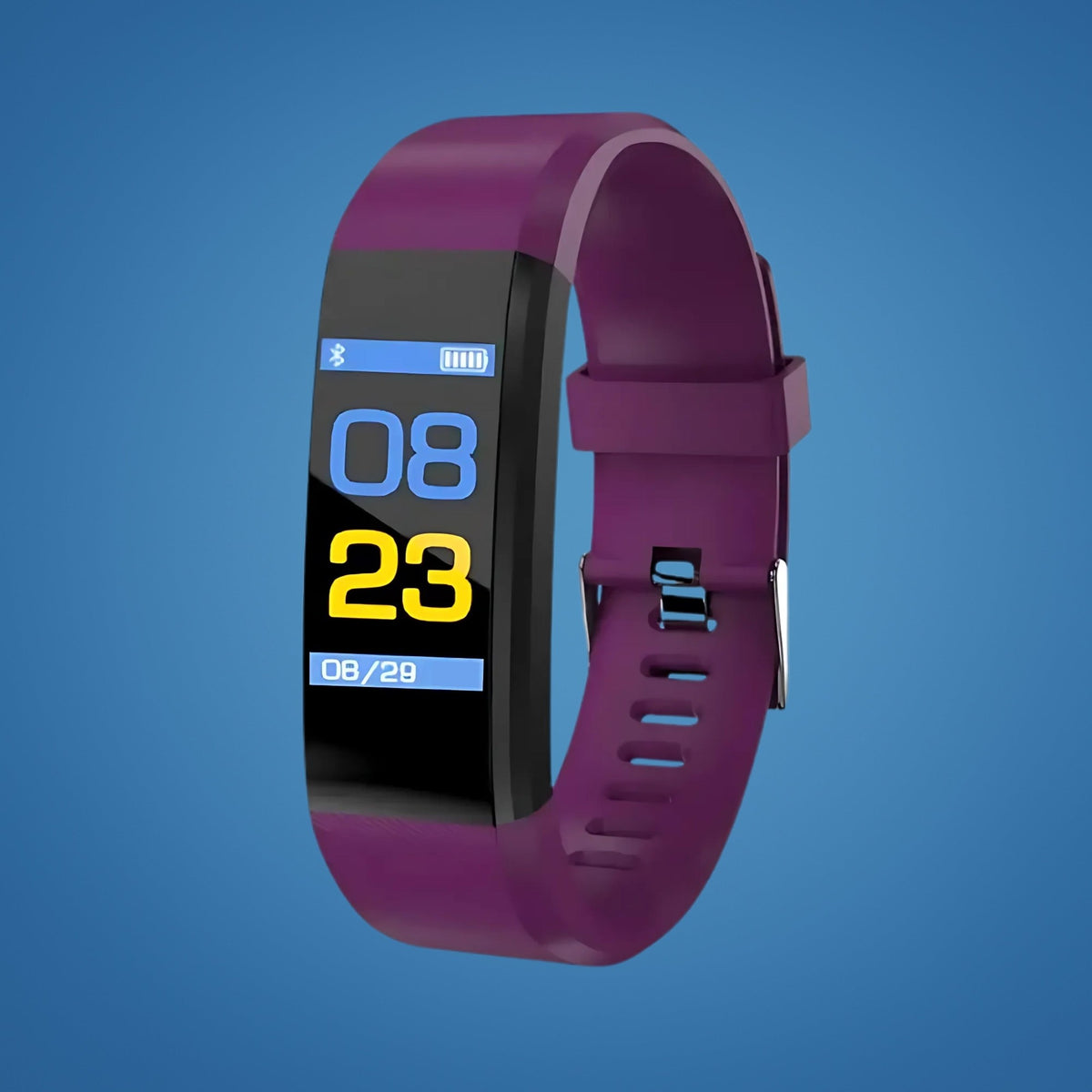 Activity tracker with a colour display and purple strap