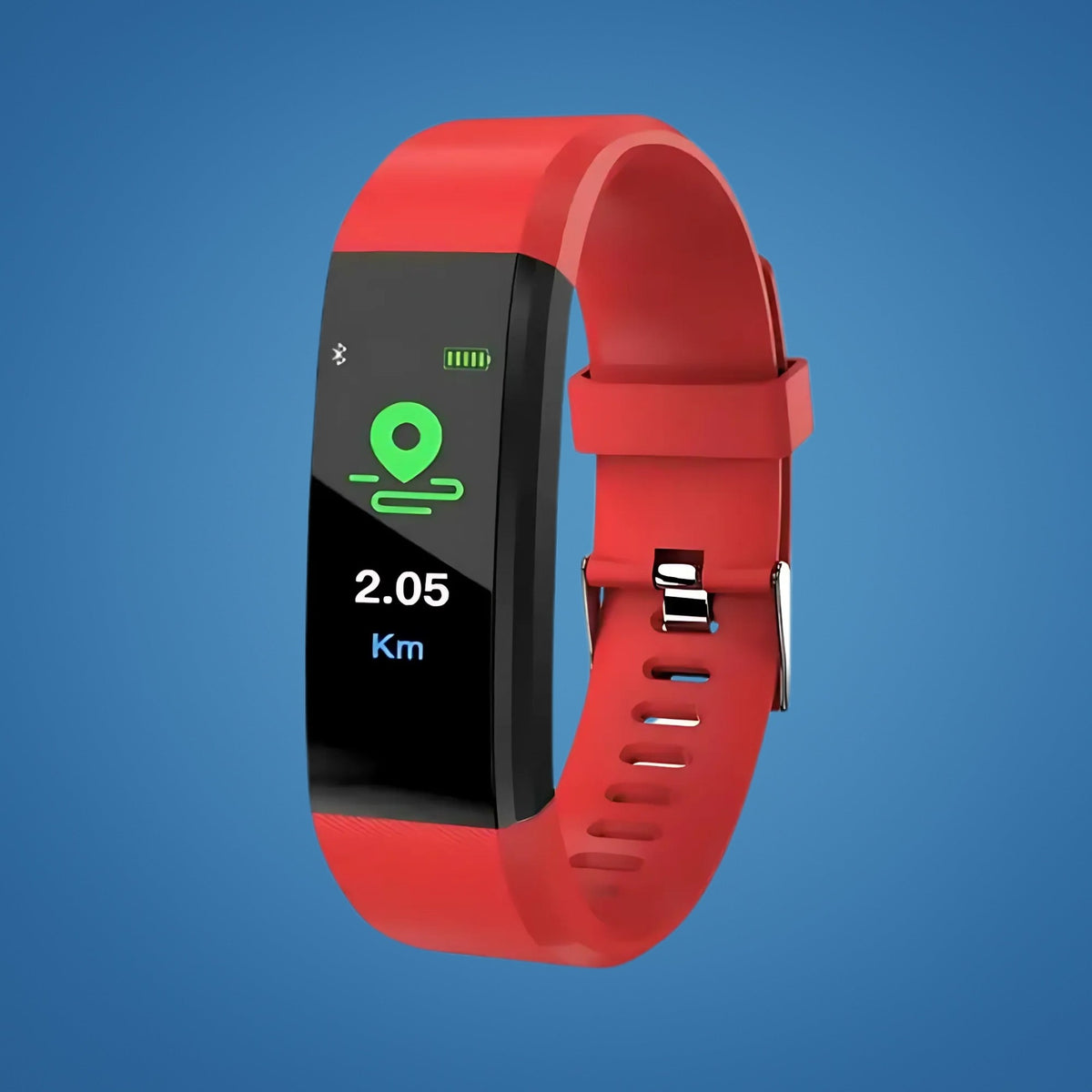 Activity tracker showing distance, with red strap