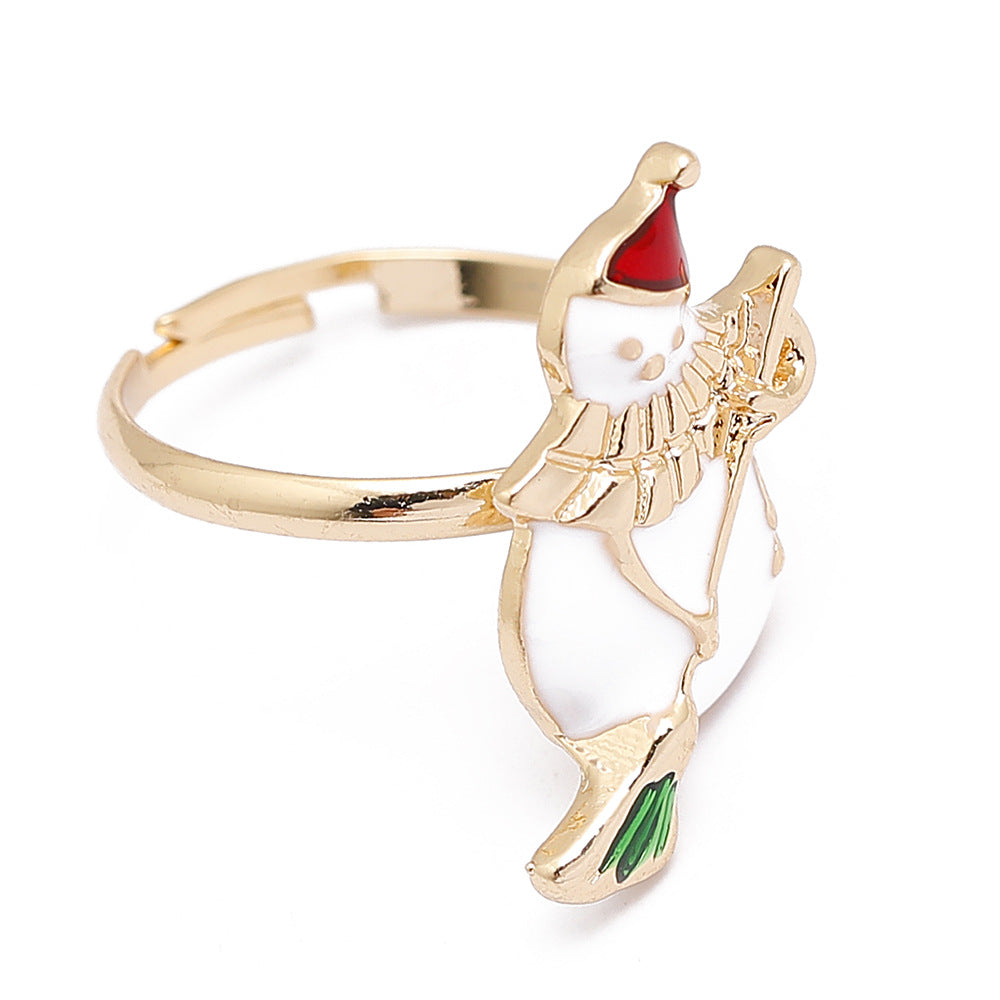 Adjustable gold-tone Christmas ring with an open band and a festive motif - snowman