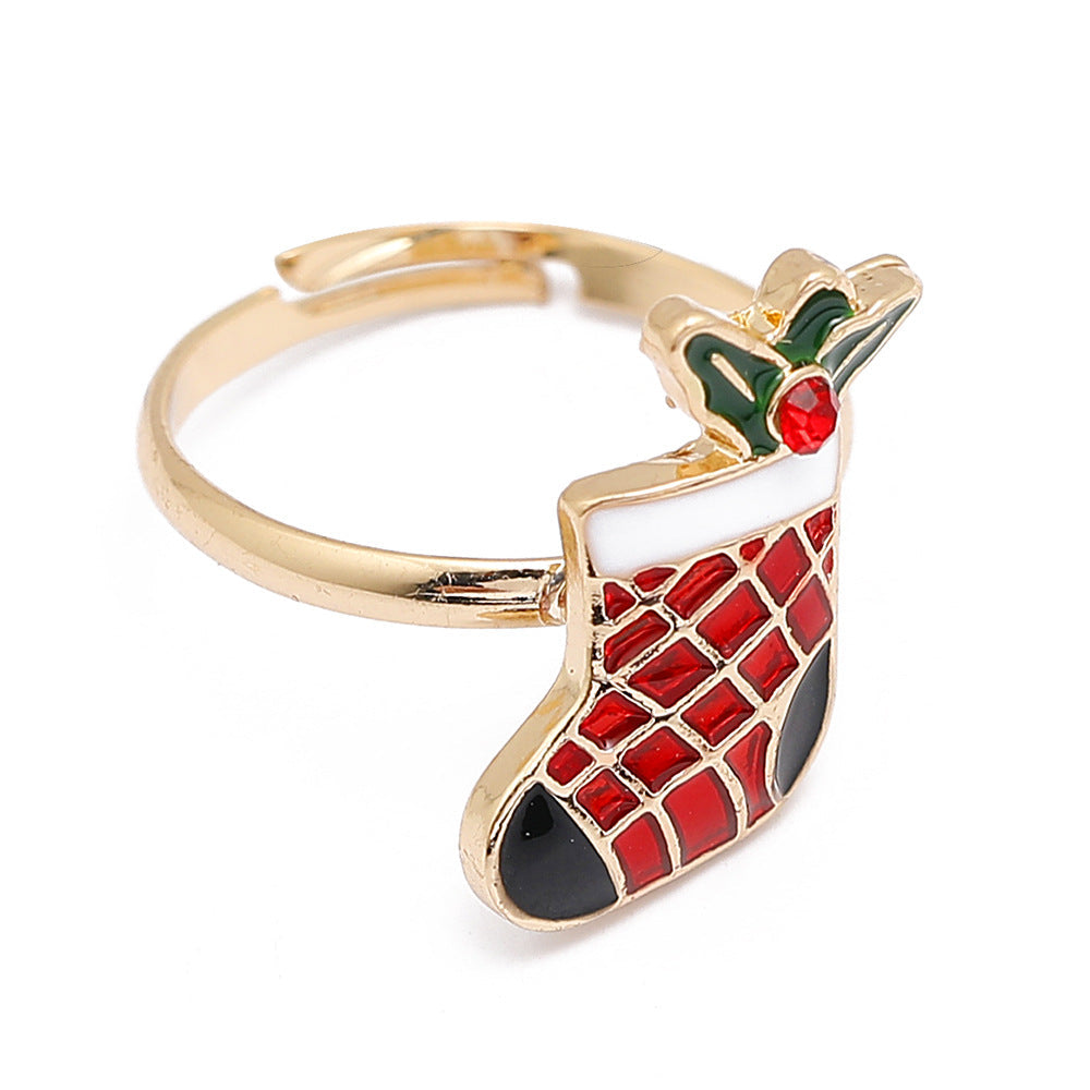Adjustable gold-tone Christmas ring with an open band and a festive motif - stocking