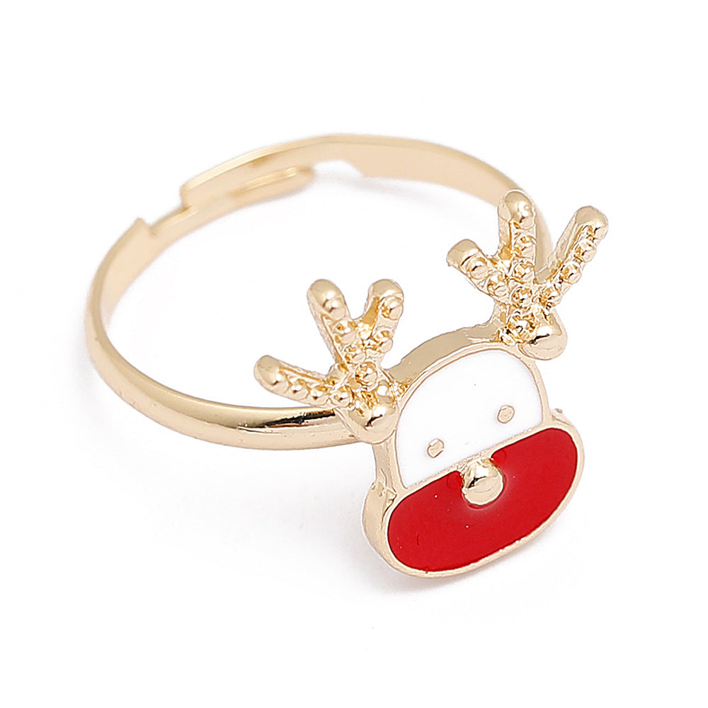 Adjustable gold-tone Christmas ring with an open band and a festive motif - reindeer with red nose